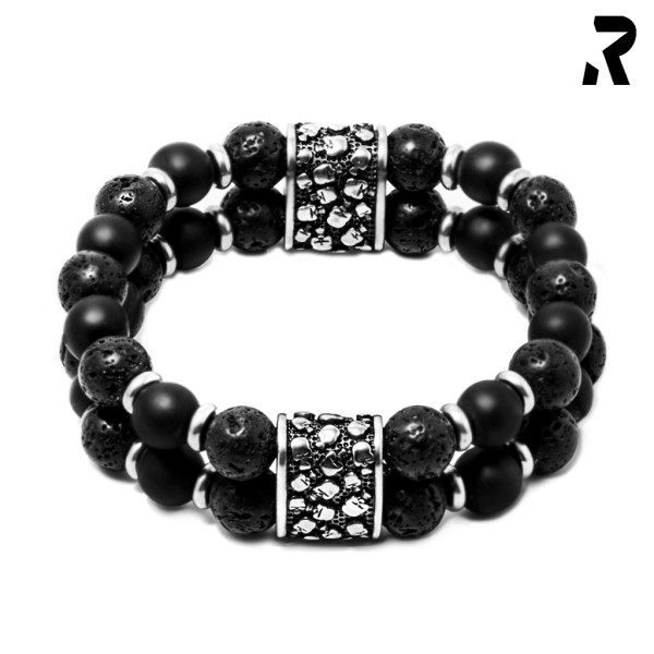 doppel armband, totenkopfarmband doppelt, männerarmband, frauenarmband, lavasteinarmband, onyxarmband, rockiges bikerarmband