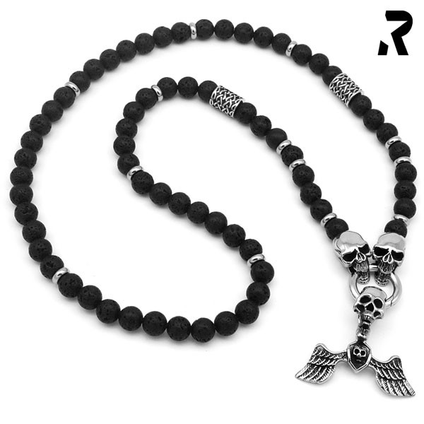 TOTENKOPF HALSKETTE legend, männer halskette, edelstein halskette mit ringverschluss, lava, totenkopf perlenketten, tauschbarer anhänger, bikerschmuck