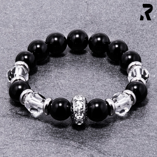 crystal armband starlight, weiße crystals, schwarzer onyx, rockiges armband für frauen, elegantes frauenarmband