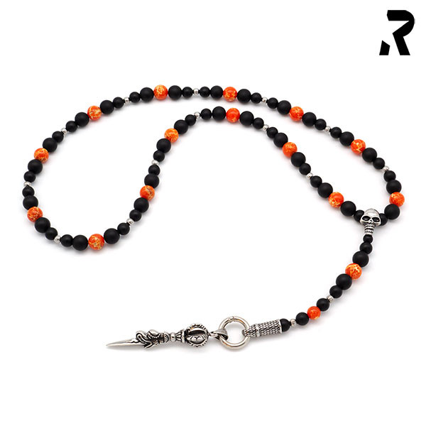 totenkopf ypsilon kette, mit anhänger, onyx schwarz, jaspis orange, kette männer, kette frauen, rosenkranz mit totenkopf, männergeschenk, damengeschenk, geschenkidee