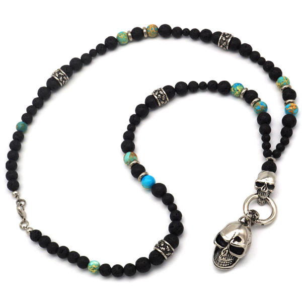 TOTENKOPF HALSKETTE TWILIGHT, BIKER HALSKETTE FÜR MÄNNER IN SCHWARZ & TÜRKIS, EDELSTEIN HALSKETTE MIT RINGVERSCHLUSS, LAVASTEIN, JASPIS, VELSEITIG, AUSGEFALLEN & PRAKTISCH, IDEAL FÜR ALLERGIKER, VERSCHIEDENE GRÖßEN + HANDGEMACHT IN ÖSTERREICH, FREI INDIVI