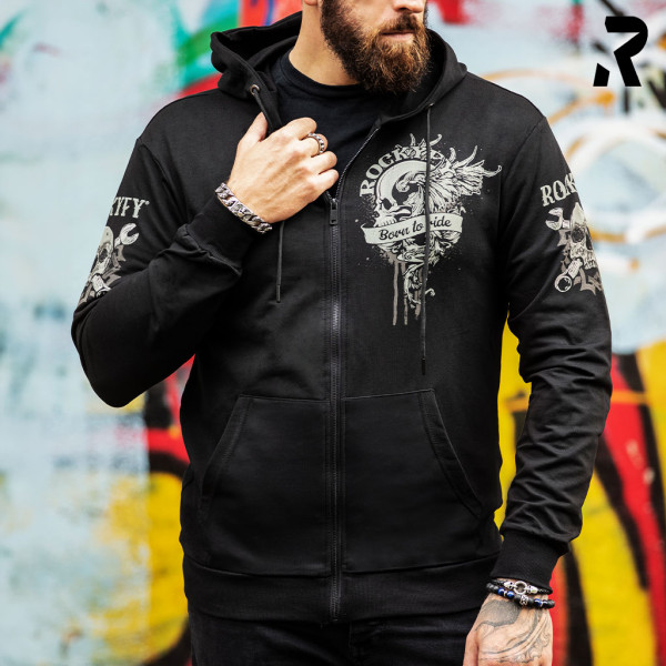 ROCKYFY MECHANICAL SKULL, BIKER HOODIE MIT TOTENKOPF