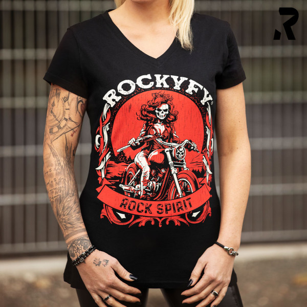 rockiges Longshirt, Shirt für Leggings, Must-Have, V-Ausschnitt, bequemer und lässiger Look, roter Front- und Backprint, Motorrad, Totenkopf und Bike, ultimativer Rock-Spirit, hochwertiger Print, langanhaltende Qualität, außergewöhnliches Longshirt