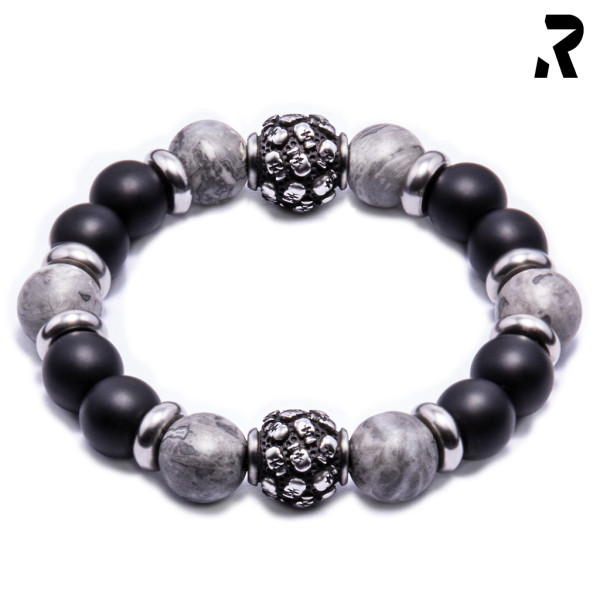 totenkopf armband, totenkopf perle, onyx, jaspis, schwarz, grau, biker armbandfür frauen & männer, 4 größen