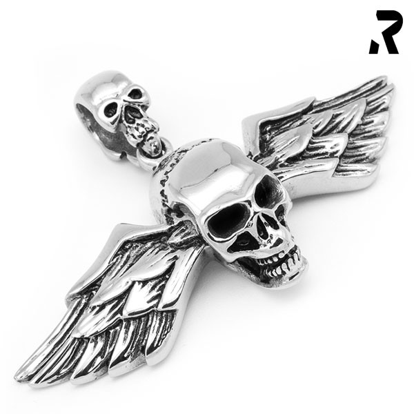 totenkopf flügel anhänger death wings, doppelflügel, viele details, für damen, für männer, geschenkidee, männer geschenk, biker geschenk, anhänger mit kette, edelstahl anhänger