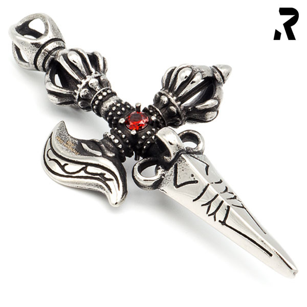 kreuz anhänger legend of knights, doppelte krone, sichel, dolch, roter stein, biker kreuz, edelstahl, relief oberfläche, silber, schwarz,männer geschenk, damen geschenk, bikerschmuck, rockerschmuck, edelstahlschmuck, edelstahl anhänger, kreuz anhänger mit