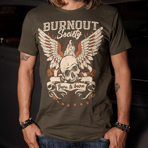 bikershirt, biker t-shirt, männer, camouflage grün, totenkopf, flügel, kolben, burnout society